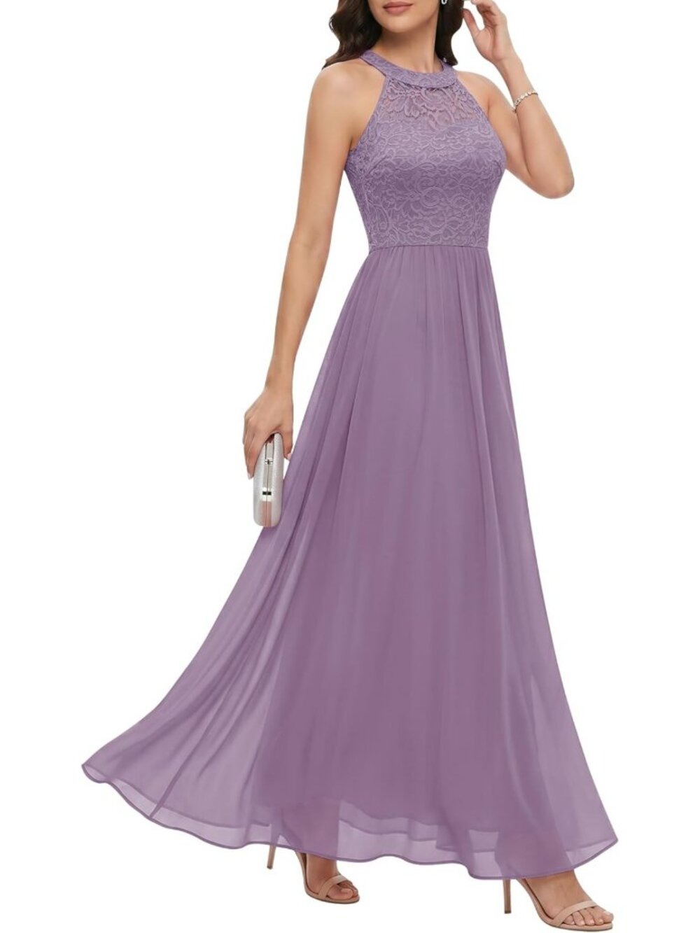 Lavender Floral Lace Halter Long Formal Prom Bridesmaid Dress Sz XS-3X